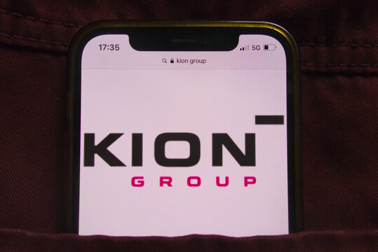 KONSKIE, POLAND - February 22, 2022: Kion Group AG logo on mobile phone hidden in jeans pocket