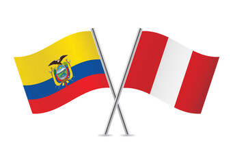 Ecuador and Peru crossed flags. Ecuadoran and Peruvian flags, isolated on white background. Vector icon set. Vector illustration.