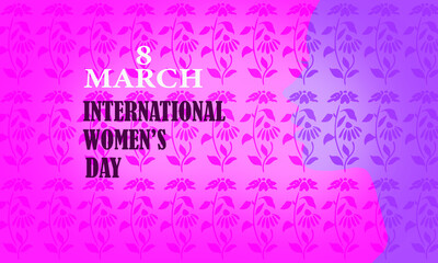 Banner for the International Women's Day. Flyer for March 8 with the decor of flowers, blue color women having blue and pink flower  background
