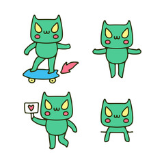 Collection of kawaii alien cat in various activity, illustration for t-shirt, sticker, or apparel merchandise. With retro cartoon style.