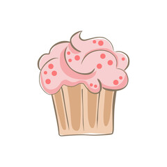 hand drawn cupcake with cream and topping. simple cartoon food illustration of cake.