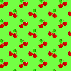 A seamless pattern with cherries on green background, vector illustration, eps 10