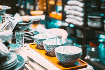 View of assortment of decor for interior shop in store of shopping center. Home accessories and...