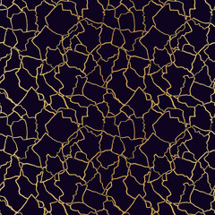 kintsugi art seamless pattern with gold thin lines and abstract shards on dark luxury background.