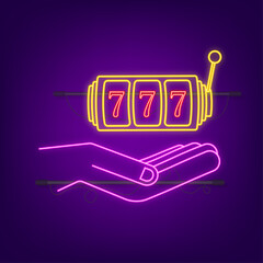 Hand and Slot machine with lucky sevens jackpot neon icon. Vector stock illustration.