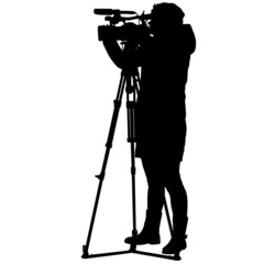 Camerawoman with video camera. Silhouettes on white background