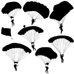 Set skydiver, silhouettes parachuting on white background