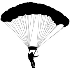Skydiver, silhouettes parachuting on white background