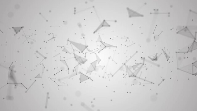 Animated background. Movements of geometric shapes. A pattern of  connecting lines, triangles, dots, particles. Outer space. Shards of glass. Destroyed plexuses. 3d rendering. 4k