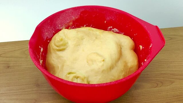 Timelapse of yeast dough increases in red bowl.