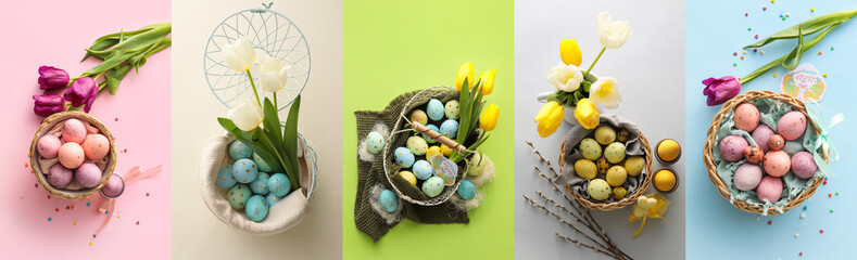 Baskets with painted Easter eggs and tulip flowers, top view