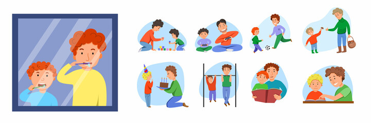 set of entertainment activities for father and son. Birthday greetings, going to the forest for mushrooms, playing sports on a horizontal bar, brushing your teeth.Vector illustration in cartoon style.