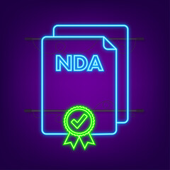 NDA Document neon icon, Non disclosure agreement, Privacy document. Vector stock illustration.