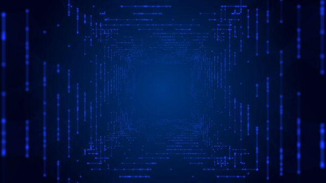 Animated background logo frame, icon, symbol. Design of a moving mosaic tunnel. The texture of glowing neon connecting lines, dots, particles. Outer space. The Milky Way. Information field. 4k