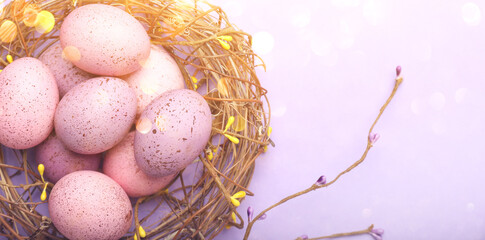Nest with beautiful Easter eggs on lilac background with space for text