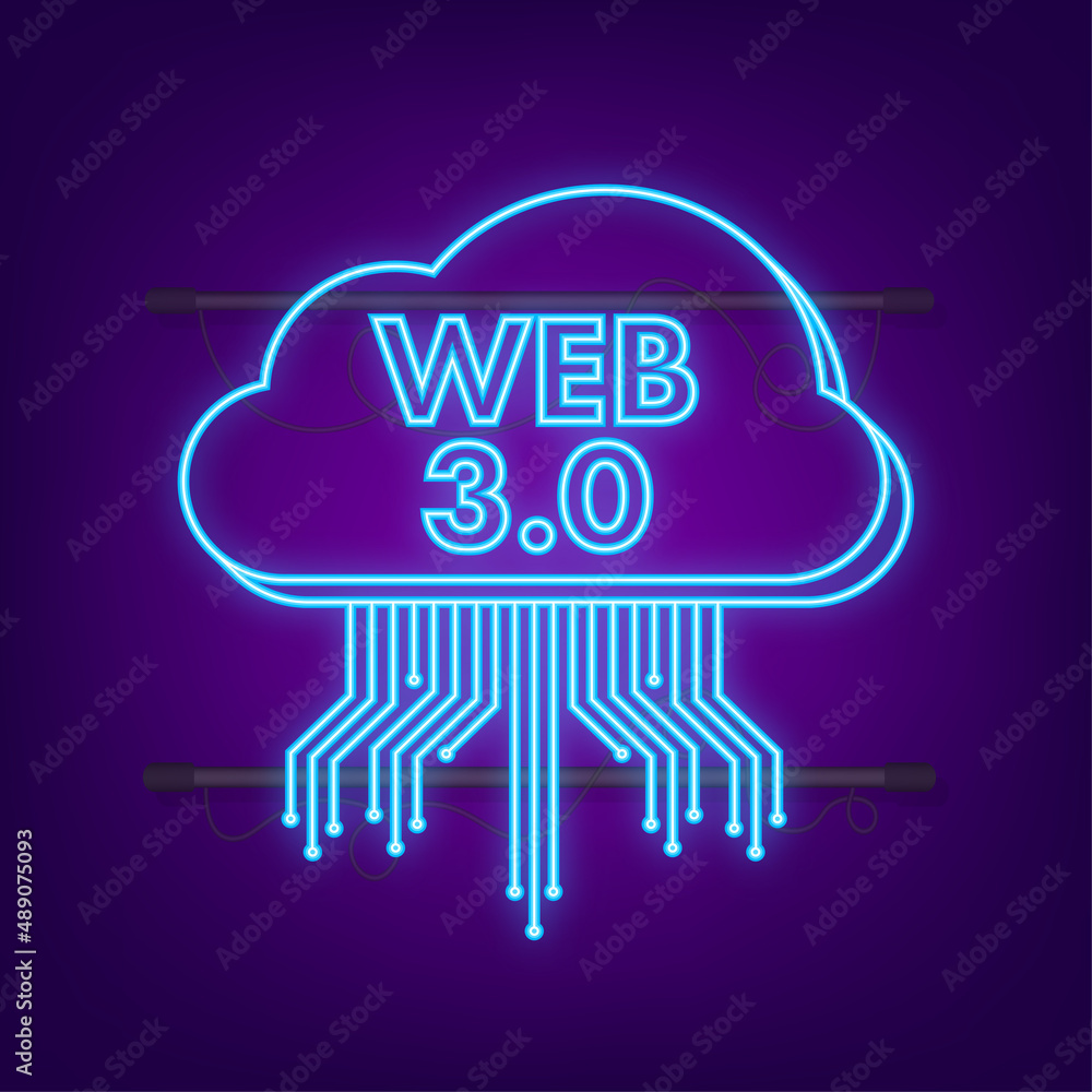 Poster web 3.0 technology for web design. internet blockchain technology neon icon. nft concept. vector sto