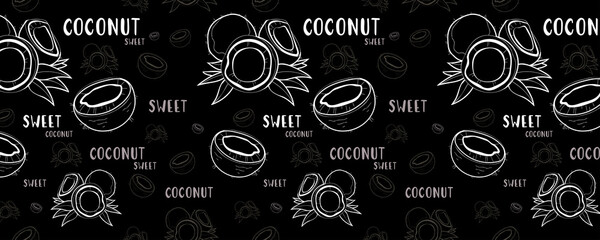 Vector fruit pattern with coconut illustration, black background, chalkboard with words, blackboards