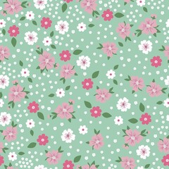 Seamless vintage pattern. Pink and white flowers, green leaves. Light green background. vector texture. fashionable print for textiles, wallpaper and packaging.