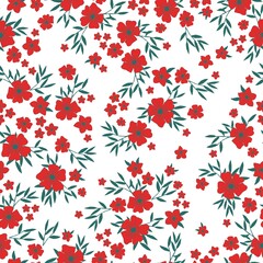 Seamless vintage pattern. Red flowers, green leaves. White background. vector texture. fashionable print for textiles, wallpaper and packaging.