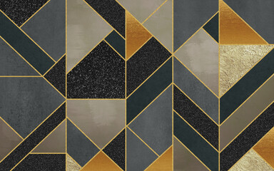 Fototapety  Modern wall decor wallpaper. 3d abstract, golden lines and marble and wooden and black shapes. 