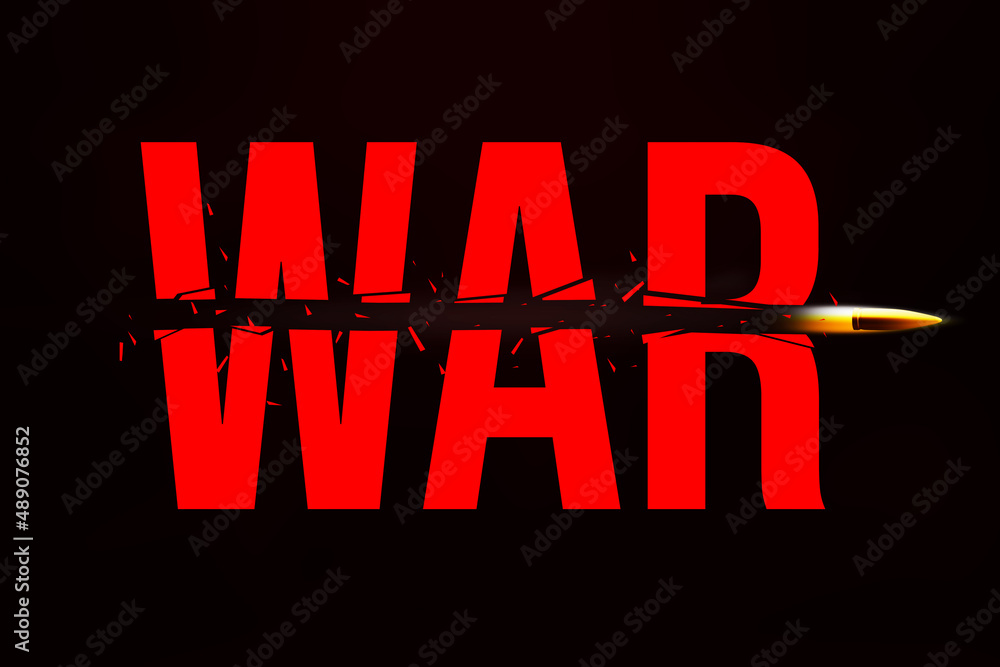 Poster 3d rendered bullet passing through the war typography. abstract war background with bullet broken te