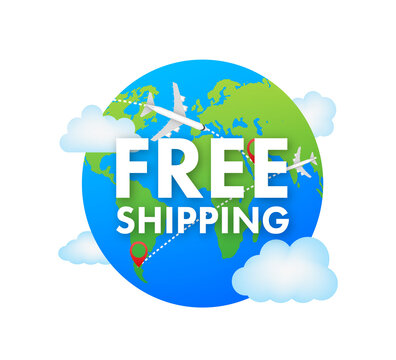 Airplane with label free shipping, E-Commerce, Air Craft. Vector stock illustration.
