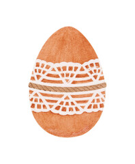 Watercolor vintage rustic Easter egg with lace and rope. Hand painted illustration of spring clipart isolated on white. Artistic hand drawn holiday design element for happy Easter cards decoration