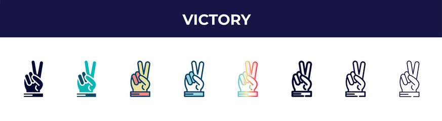 victory icon in 8 styles. line, filled, glyph, thin outline, colorful, stroke and gradient styles, victory vector sign. symbol, logo illustration. different style icons set.