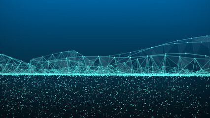 The scene of creating a network connection from particles. Futuristic blue background. The connection of particles. Visualization of big data. Abstract to science and technology. 3d rendering