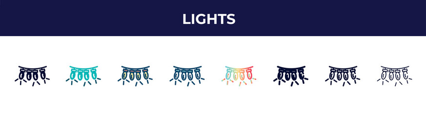 lights icon in 8 styles. line, filled, glyph, thin outline, colorful, stroke and gradient styles, lights vector sign. symbol, logo illustration. different style icons set.