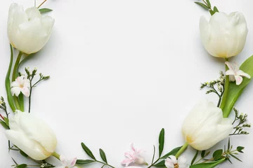 Fotobehang Stylish Easter wreath with tulip flowers on light background © Pixel-Shot