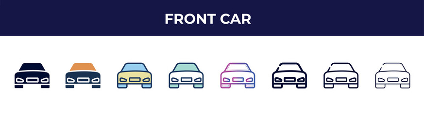 front car icon in 8 styles. line, filled, glyph, thin outline, colorful, stroke and gradient styles, front car vector sign. symbol, logo illustration. different style icons set.