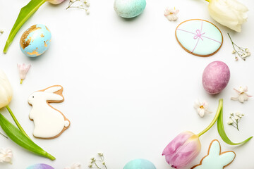 Naklejka na ściany i meble Stylish wreath with painted Easter eggs, cookies and flowers on white background