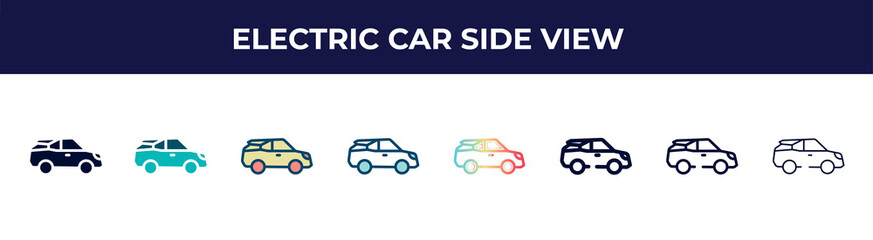 electric car side view icon in 8 styles. line, filled, glyph, thin outline, colorful, stroke and gradient styles, electric car side view vector sign. symbol, logo illustration. different style icons