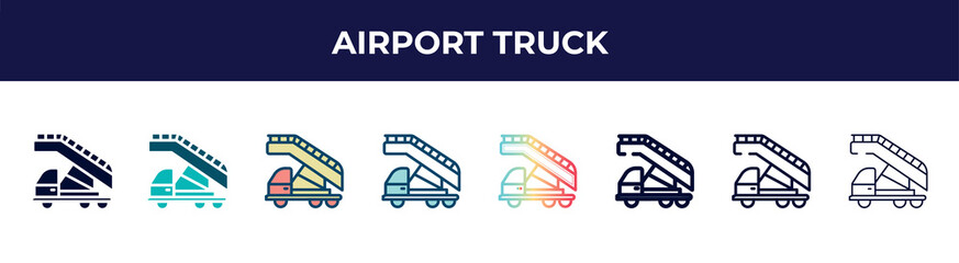 airport truck icon in 8 styles. line, filled, glyph, thin outline, colorful, stroke and gradient styles, airport truck vector sign. symbol, logo illustration. different style icons set.