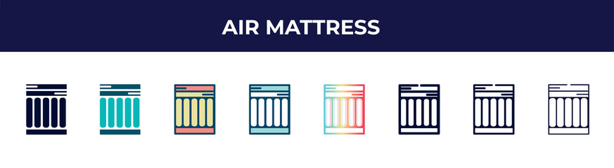 air mattress icon in 8 styles. line, filled, glyph, thin outline, colorful, stroke and gradient styles, air mattress vector sign. symbol, logo illustration. different style icons set.
