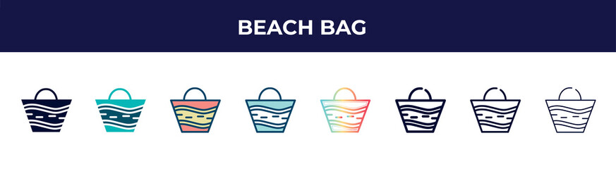 beach bag icon in 8 styles. line, filled, glyph, thin outline, colorful, stroke and gradient styles, beach bag vector sign. symbol, logo illustration. different style icons set.