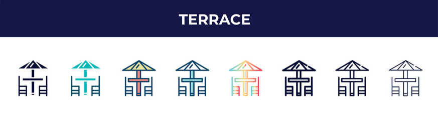 terrace icon in 8 styles. line, filled, glyph, thin outline, colorful, stroke and gradient styles, terrace vector sign. symbol, logo illustration. different style icons set.
