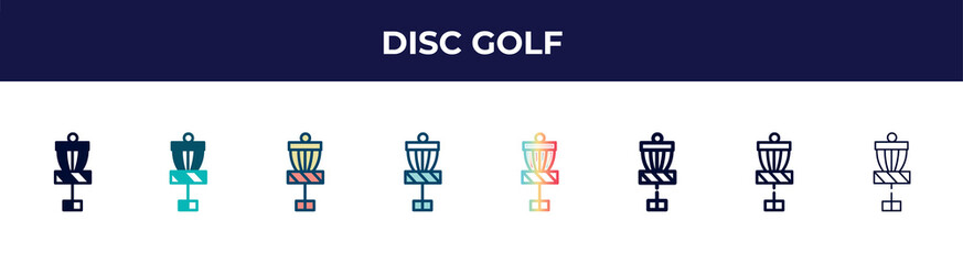 disc golf icon in 8 styles. line, filled, glyph, thin outline, colorful, stroke and gradient styles, disc golf vector sign. symbol, logo illustration. different style icons set.