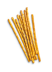 Salted sticks. Crispy pretzel sticks isolated on white background.