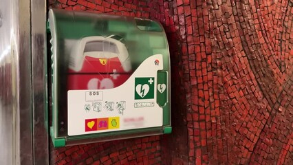 Close-up of automated external defibrillator (AED cardiac defibrillator box) at the station 