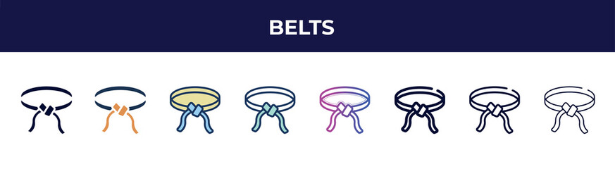 belts icon in 8 styles. line, filled, glyph, thin outline, colorful, stroke and gradient styles, belts vector sign. symbol, logo illustration. different style icons set.