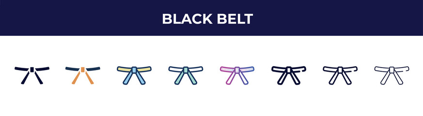 black belt icon in 8 styles. line, filled, glyph, thin outline, colorful, stroke and gradient styles, black belt vector sign. symbol, logo illustration. different style icons set. - obrazy, fototapety, plakaty