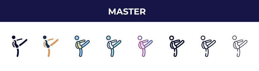 master icon in 8 styles. line, filled, glyph, thin outline, colorful, stroke and gradient styles, master vector sign. symbol, logo illustration. different style icons set.