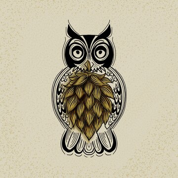 Beer owl tattoo illustration with hop cone