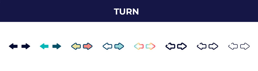 turn icon in 8 styles. line, filled, glyph, thin outline, colorful, stroke and gradient styles, turn vector sign. symbol, logo illustration. different style icons set.