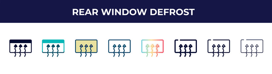 Fototapeta premium rear window defrost icon in 8 styles. line, filled, glyph, thin outline, colorful, stroke and gradient styles, rear window defrost vector sign. symbol, logo illustration. different style icons set.