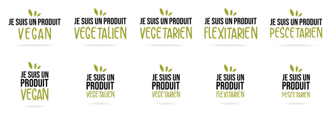 Logos produit vegan, v&eacute;g&eacute;talien, v&eacute;g&eacute;tarien, flexitarien, pescetarien