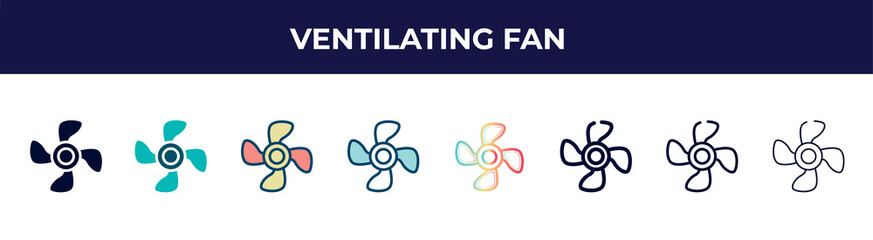 ventilating fan icon in 8 styles. line, filled, glyph, thin outline, colorful, stroke and gradient styles, ventilating fan vector sign. symbol, logo illustration. different style icons set.