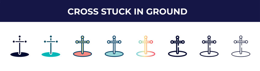 cross stuck in ground icon in 8 styles. line, filled, glyph, thin outline, colorful, stroke and gradient styles, cross stuck in ground vector sign. symbol, logo illustration. different style icons